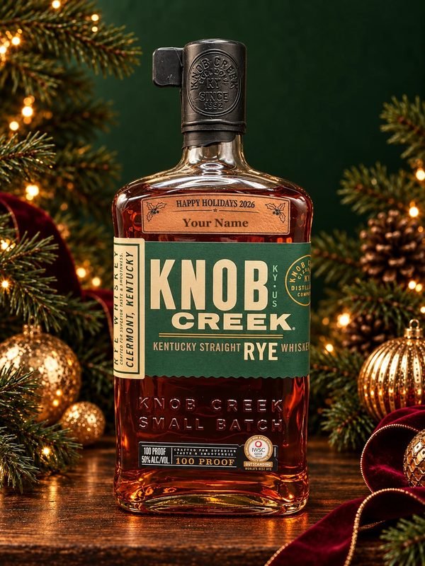 Knob Creek bottle with an engraved Happy Holidays Your Name label